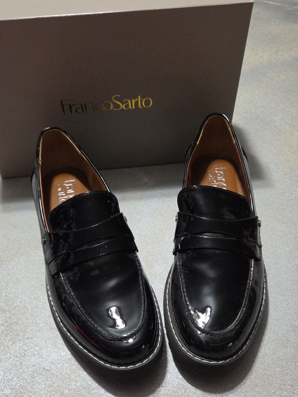 Franco Sarto Black Patent Leather Penny Loafers
